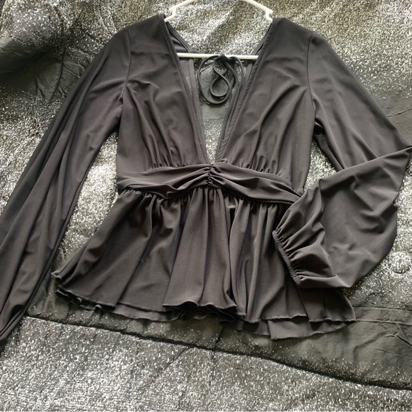 Black long sleeve V neck wrap waste babydoll top - Picture 1 of 5